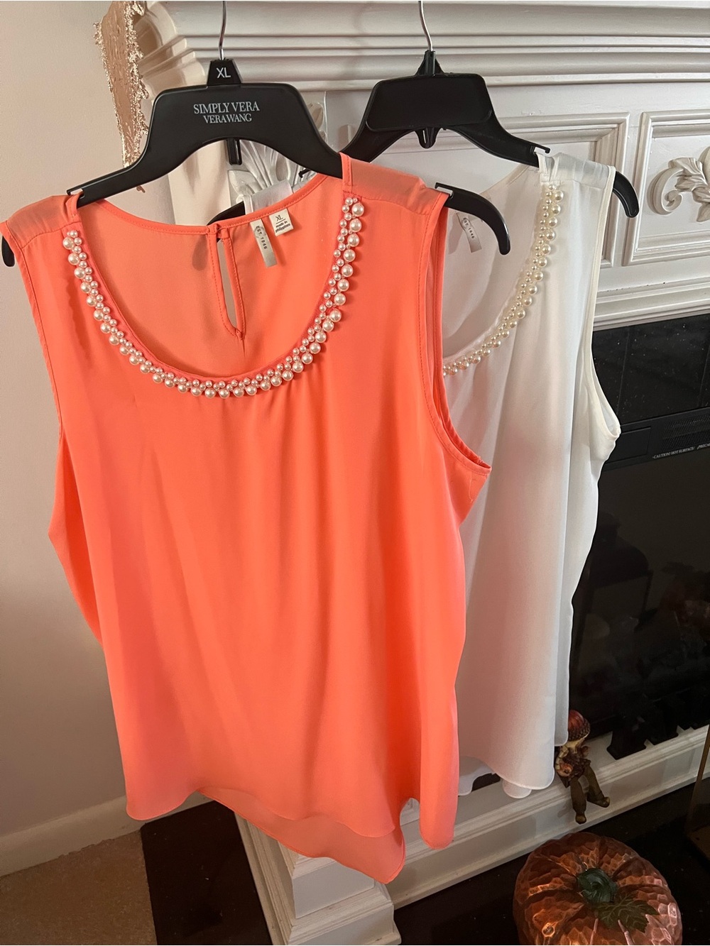 Embellished Pearl-Neck Coral  and cream colored Sleeveless Tops-